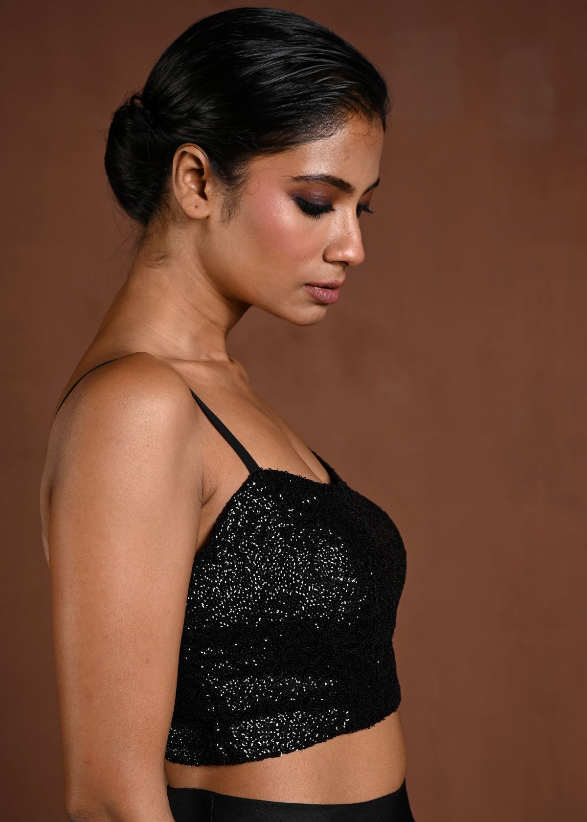 Black Sequin Spaghetti Strap Blouse with Back Closure - Anvi Couture