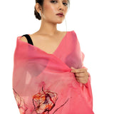 Pink Ombre Floral Painted Pure Organza Silk with Unstitch Blouse Piece - Anvi Couture