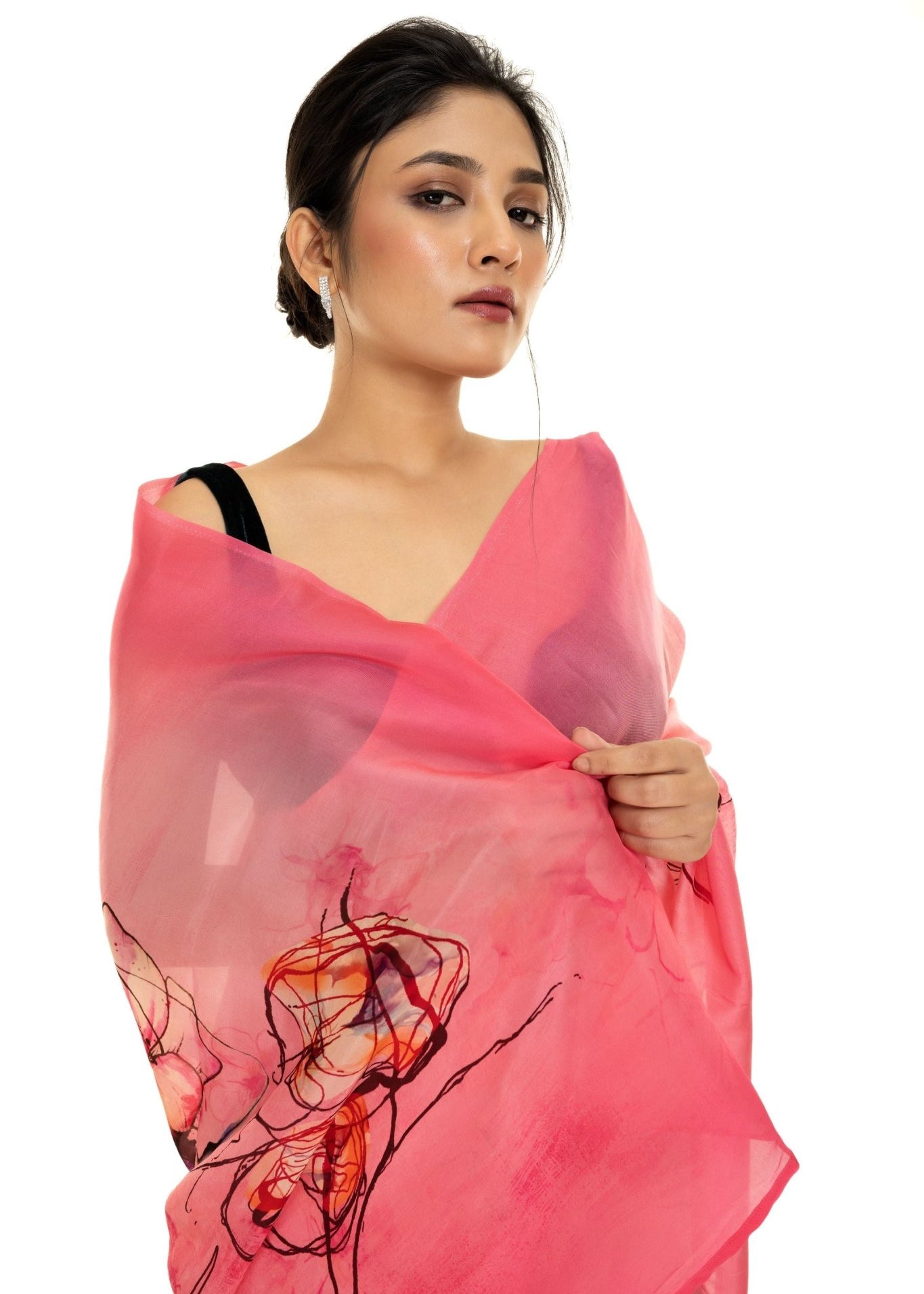 Pink Ombre Floral Painted Pure Organza Silk with Unstitch Blouse Piece - Anvi Couture