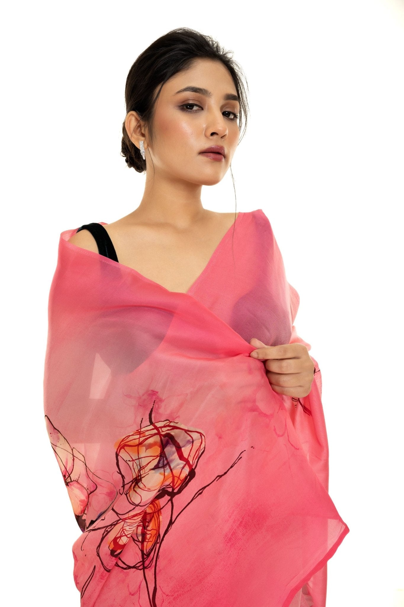 Pink Ombre Floral Painted Pure Organza Silk with Unstitch Blouse Piece - Anvi Couture