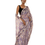 Light Purple Floral Printed Satin Silk Saree with Pearl - Sequin Scallop border - Image 1