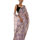 Light Purple Floral Printed Satin Silk Saree with Pearl - Sequin Scallop border - Image 1