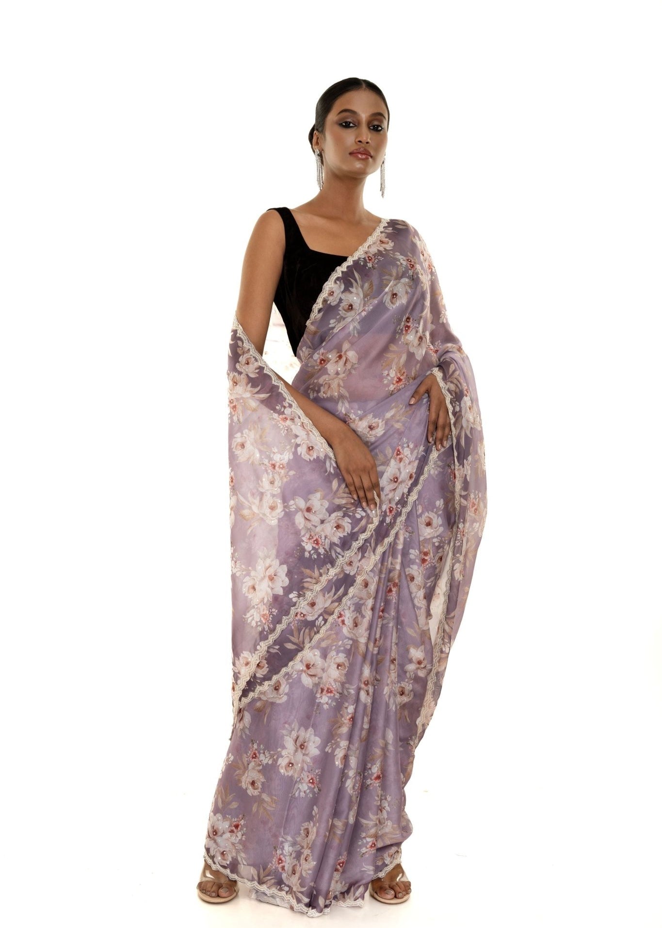 Light Purple Floral Printed Satin Silk Saree with Pearl - Sequin Scallop border - Image 1