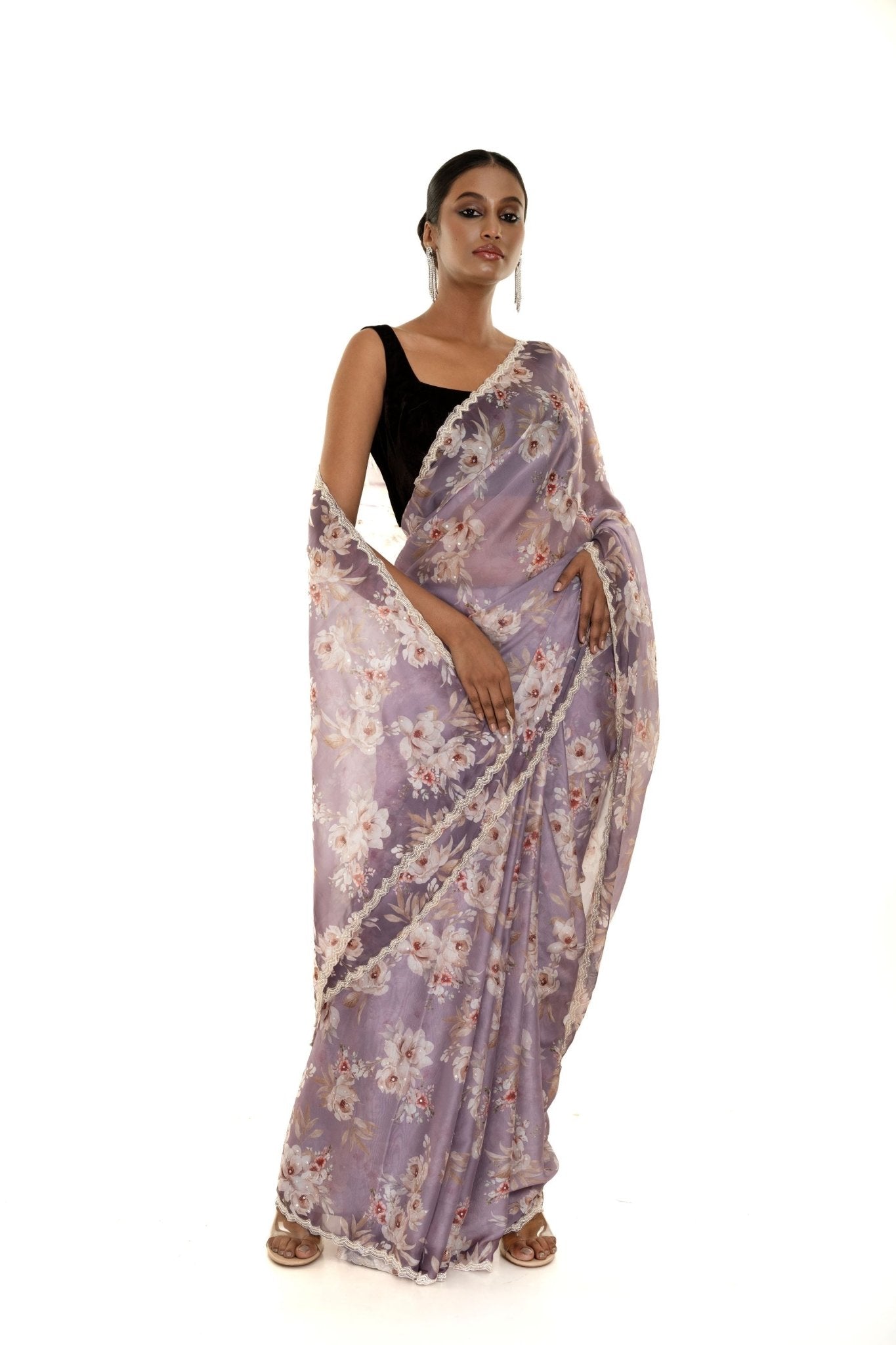 Light Purple Floral Printed Satin Silk Saree with Pearl - Sequin Scallop border - Image 1