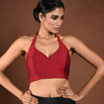 Maroon Halter Neck Blouse in Raw Silk with Back Closure - Anvi Couture