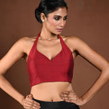 Maroon Halter Neck Blouse in Raw Silk with Back Closure - Anvi Couture