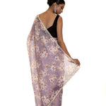 Light Purple Floral Printed Satin Silk Saree with Pearl - Sequin Scallop border - Image 2