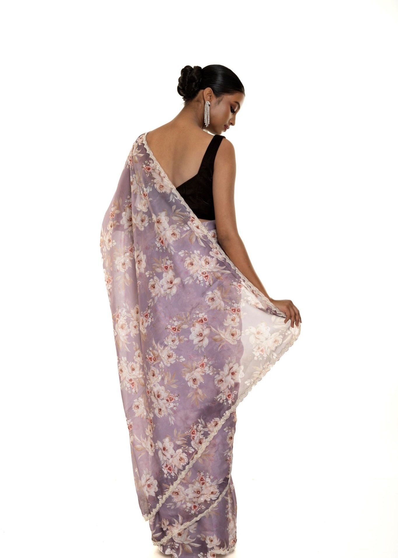 Light Purple Floral Printed Satin Silk Saree with Pearl - Sequin Scallop border - Image 2