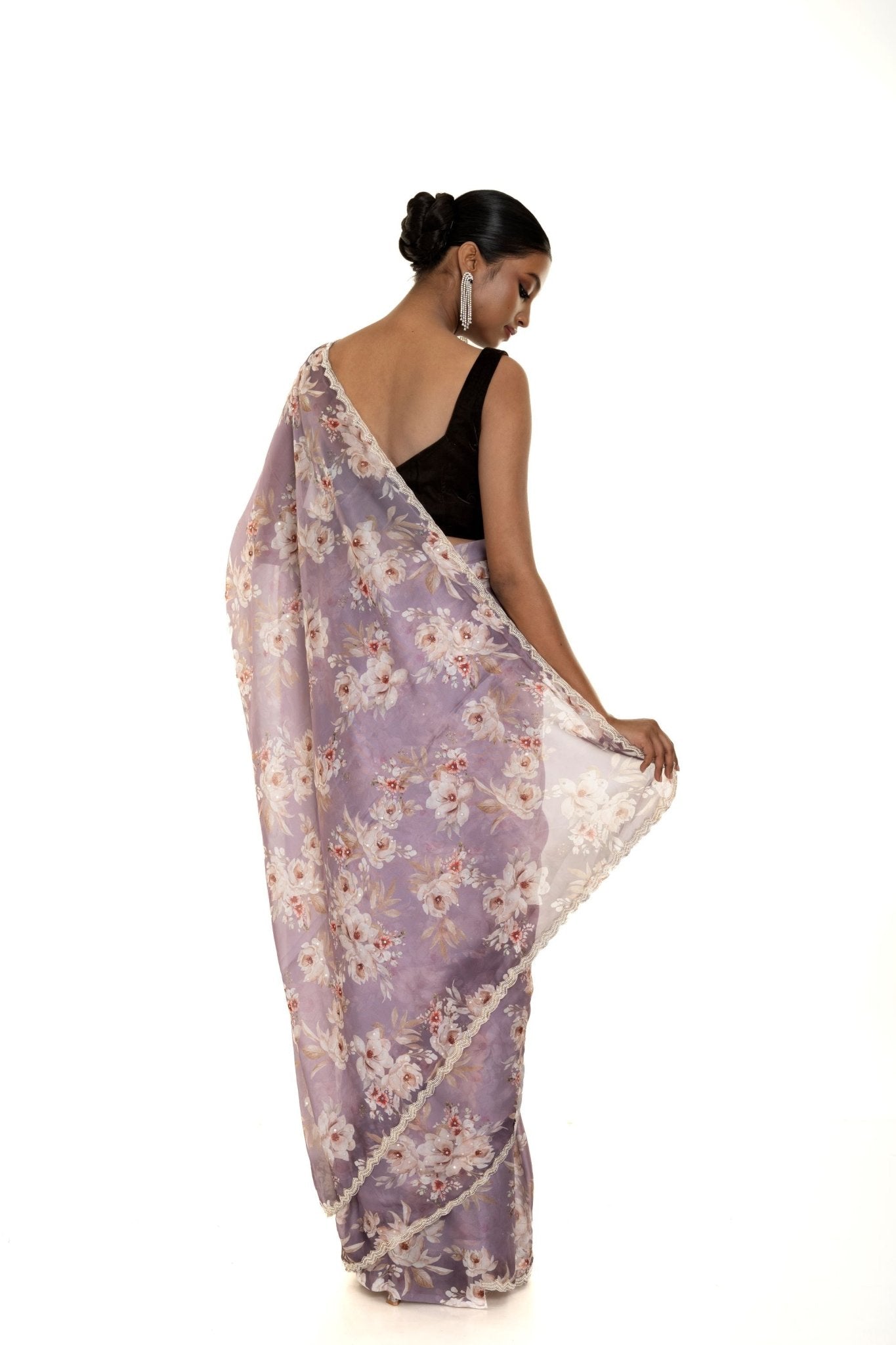 Light Purple Floral Printed Satin Silk Saree with Pearl - Sequin Scallop border - Image 2