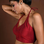 Maroon Halter Neck Blouse in Raw Silk with Back Closure - Anvi Couture