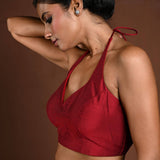 Maroon Halter Neck Blouse in Raw Silk with Back Closure - Anvi Couture