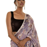 Light Purple Floral Printed Satin Silk Saree with Pearl - Sequin Scallop border - Image 3