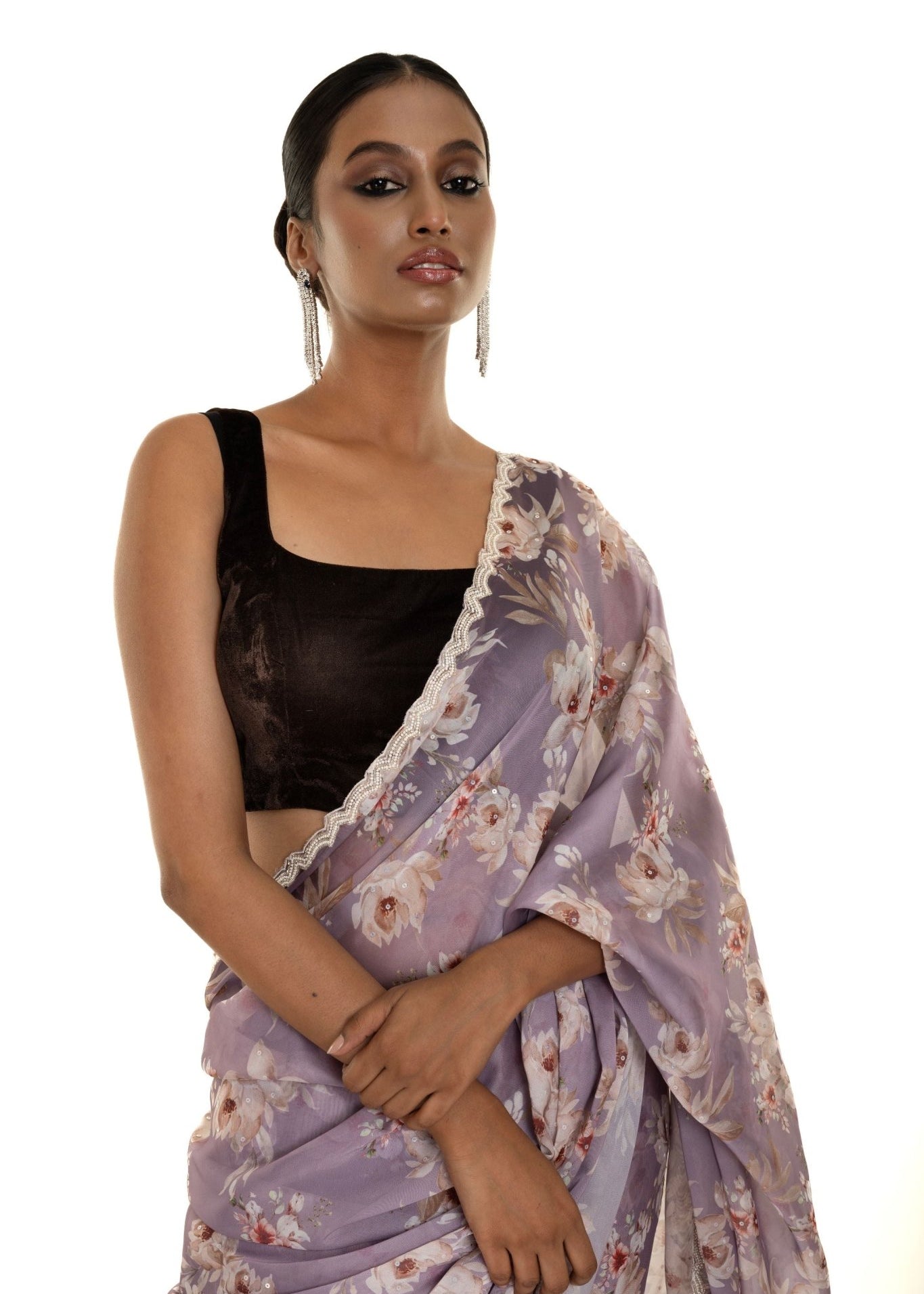 Light Purple Floral Printed Satin Silk Saree with Pearl - Sequin Scallop border - Image 3