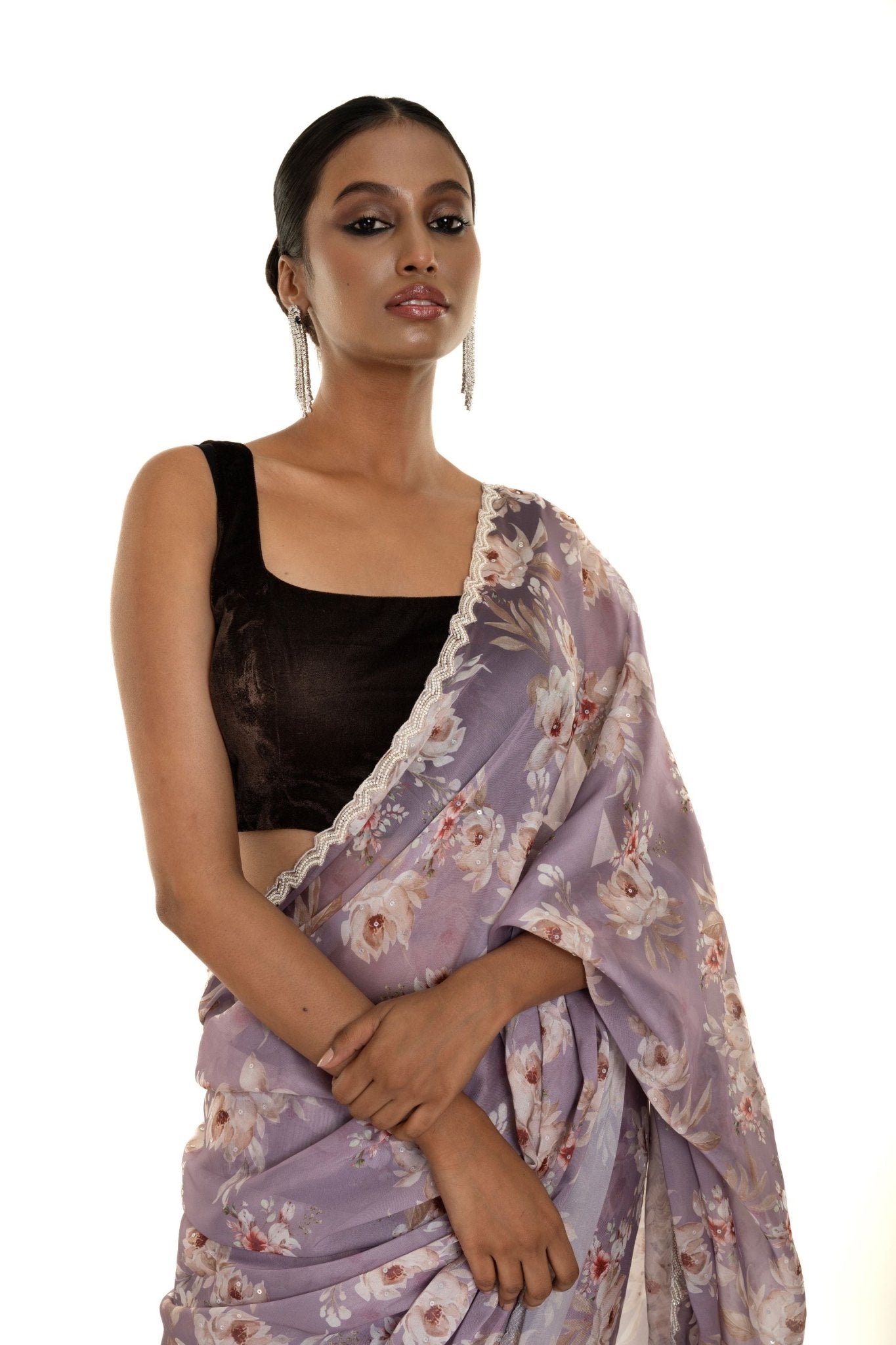 Light Purple Floral Printed Satin Silk Saree with Pearl - Sequin Scallop border - Image 3