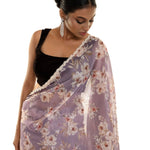 Light Purple Floral Printed Satin Silk Saree with Pearl - Sequin Scallop border - Anvi Couture