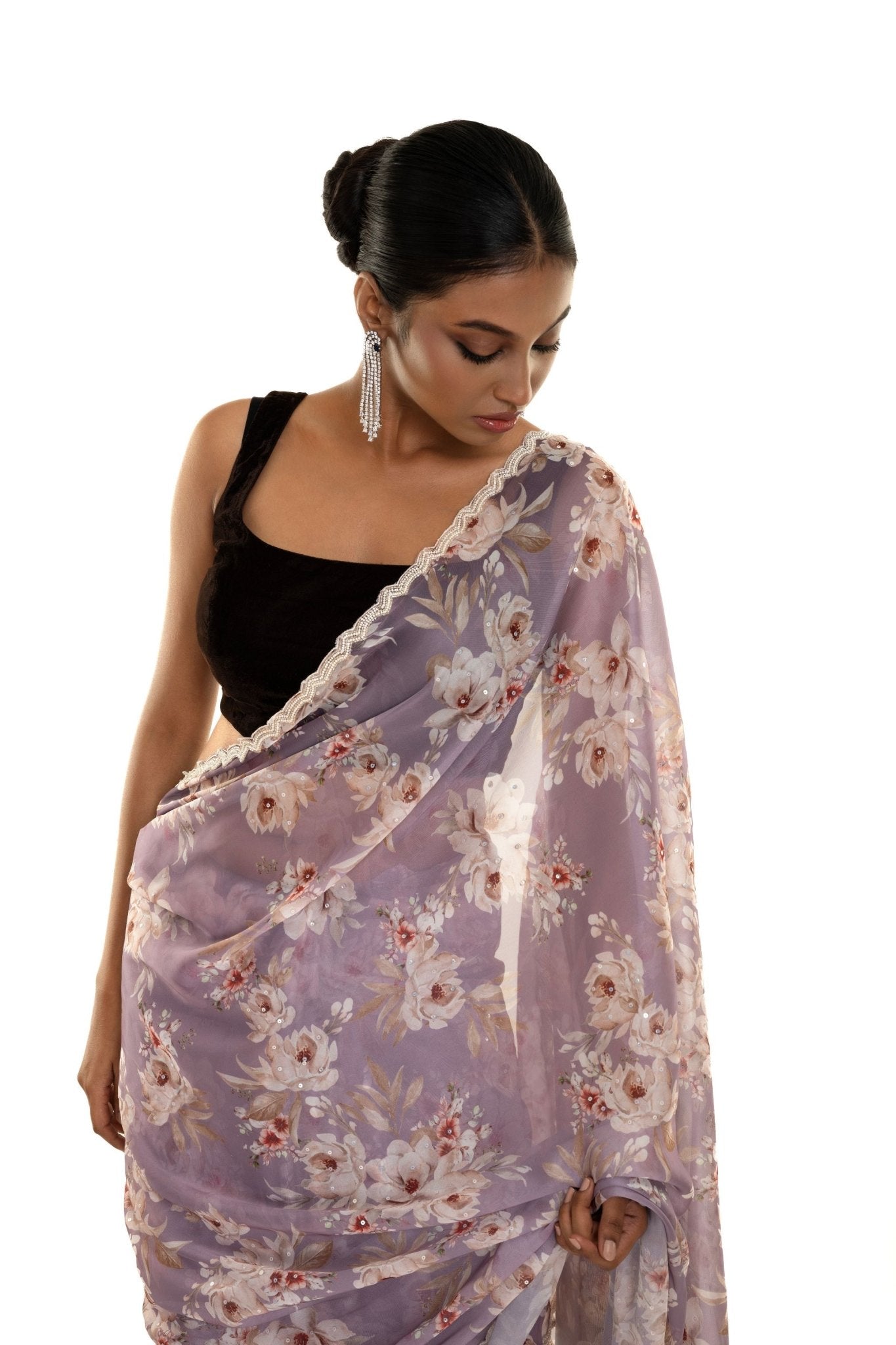 Light Purple Floral Printed Satin Silk Saree with Pearl - Sequin Scallop border - Anvi Couture