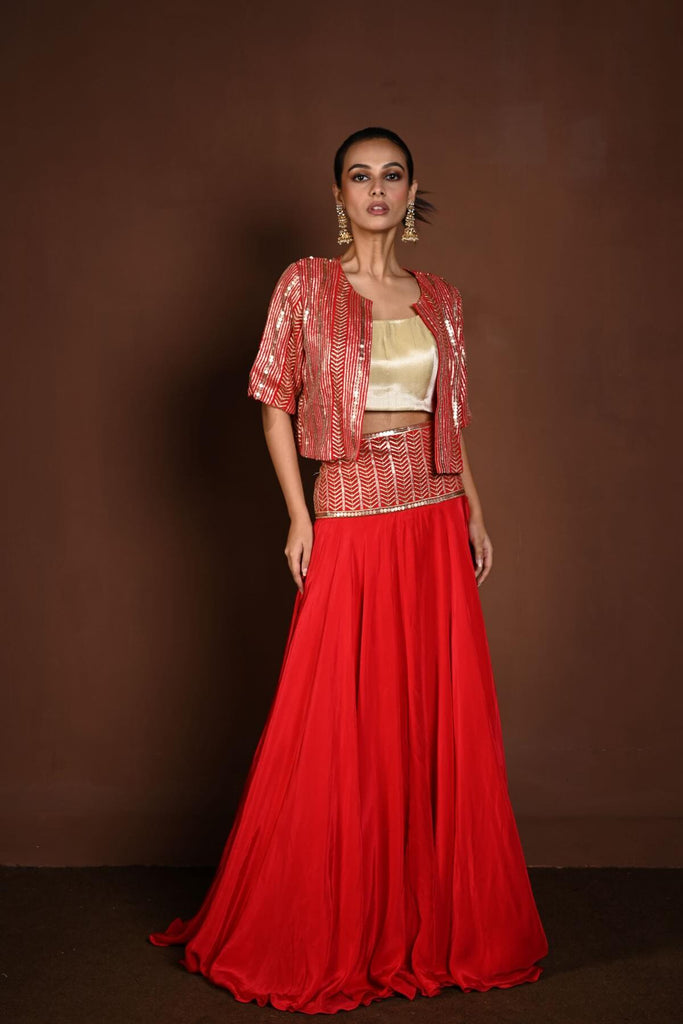 Red Jacket Lehenga with Golden Choli and Sequin Work