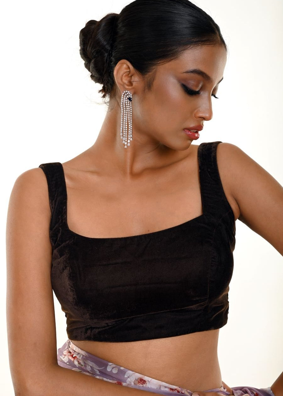 Dark Brown Sleeveless Velvet Modern Blouse - Anvi Couture