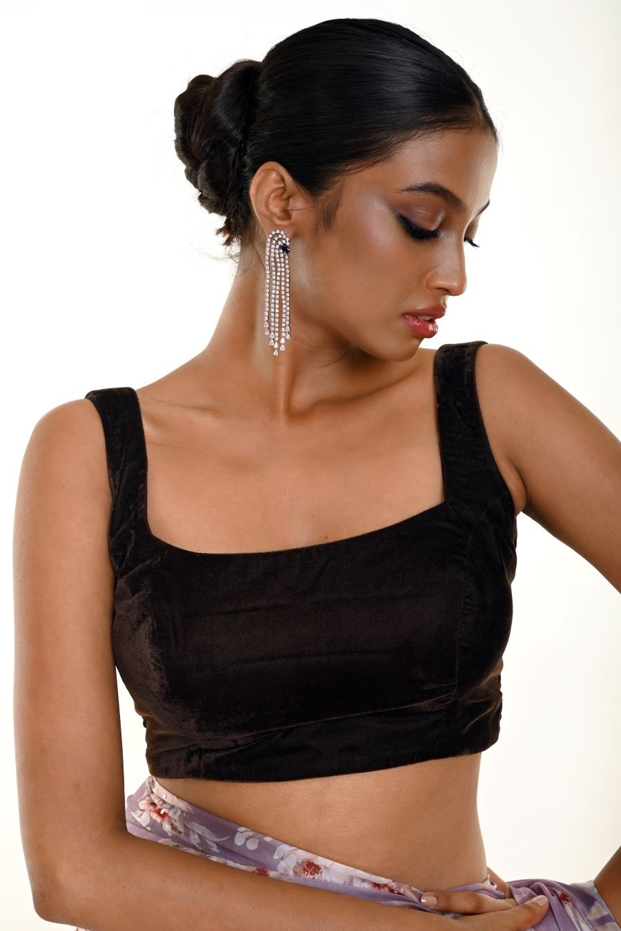 Dark Brown Sleeveless Velvet Modern Blouse - Anvi Couture