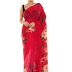 Red Floral Painted Pure Organza Silk with Unstitch Blouse Piece - Anvi Couture