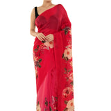 Red Floral Painted Pure Organza Silk with Unstitch Blouse Piece - Anvi Couture