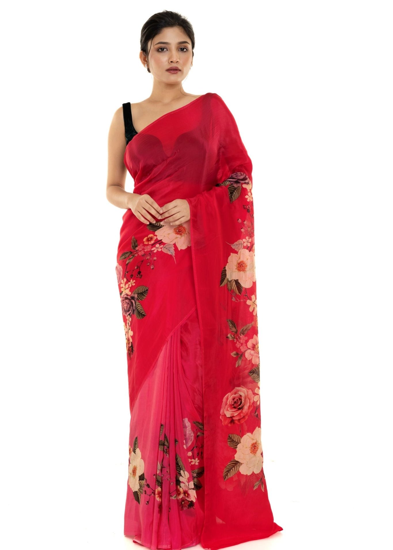 Red Floral Painted Pure Organza Silk with Unstitch Blouse Piece - Anvi Couture