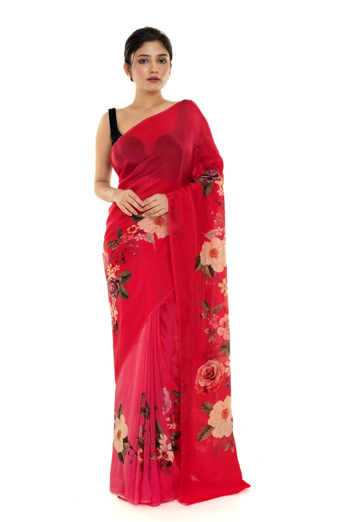 Red Floral Painted Pure Organza Silk with Unstitch Blouse Piece - Anvi Couture