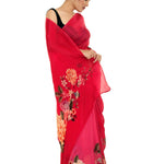 Red Floral Painted Pure Organza Silk with Unstitch Blouse Piece - Anvi Couture