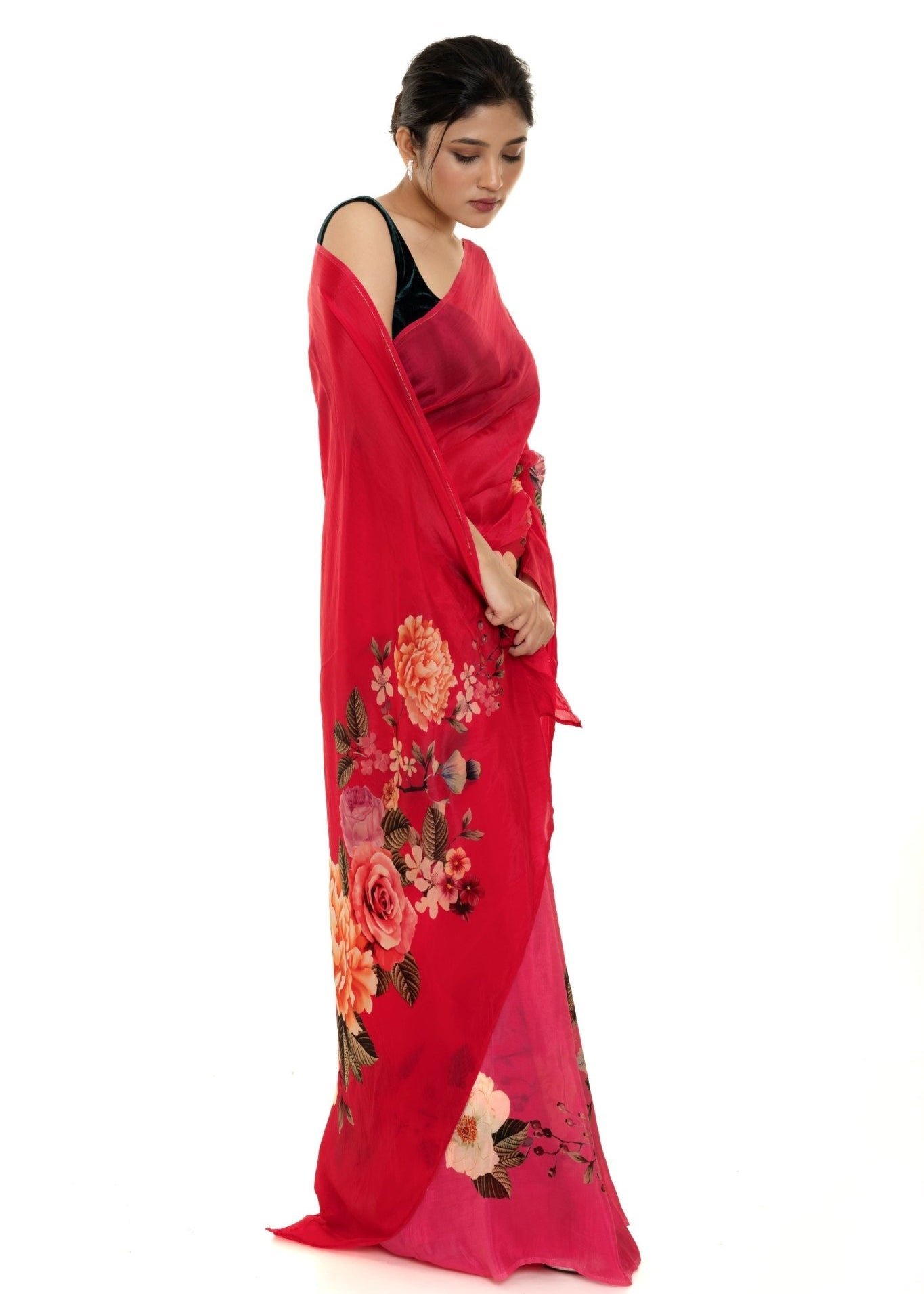 Red Floral Painted Pure Organza Silk with Unstitch Blouse Piece - Anvi Couture