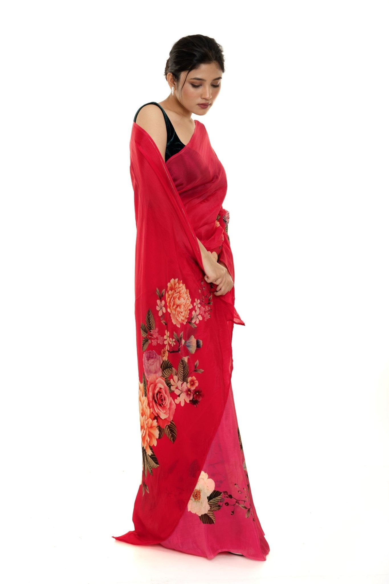 Red Floral Painted Pure Organza Silk with Unstitch Blouse Piece - Anvi Couture