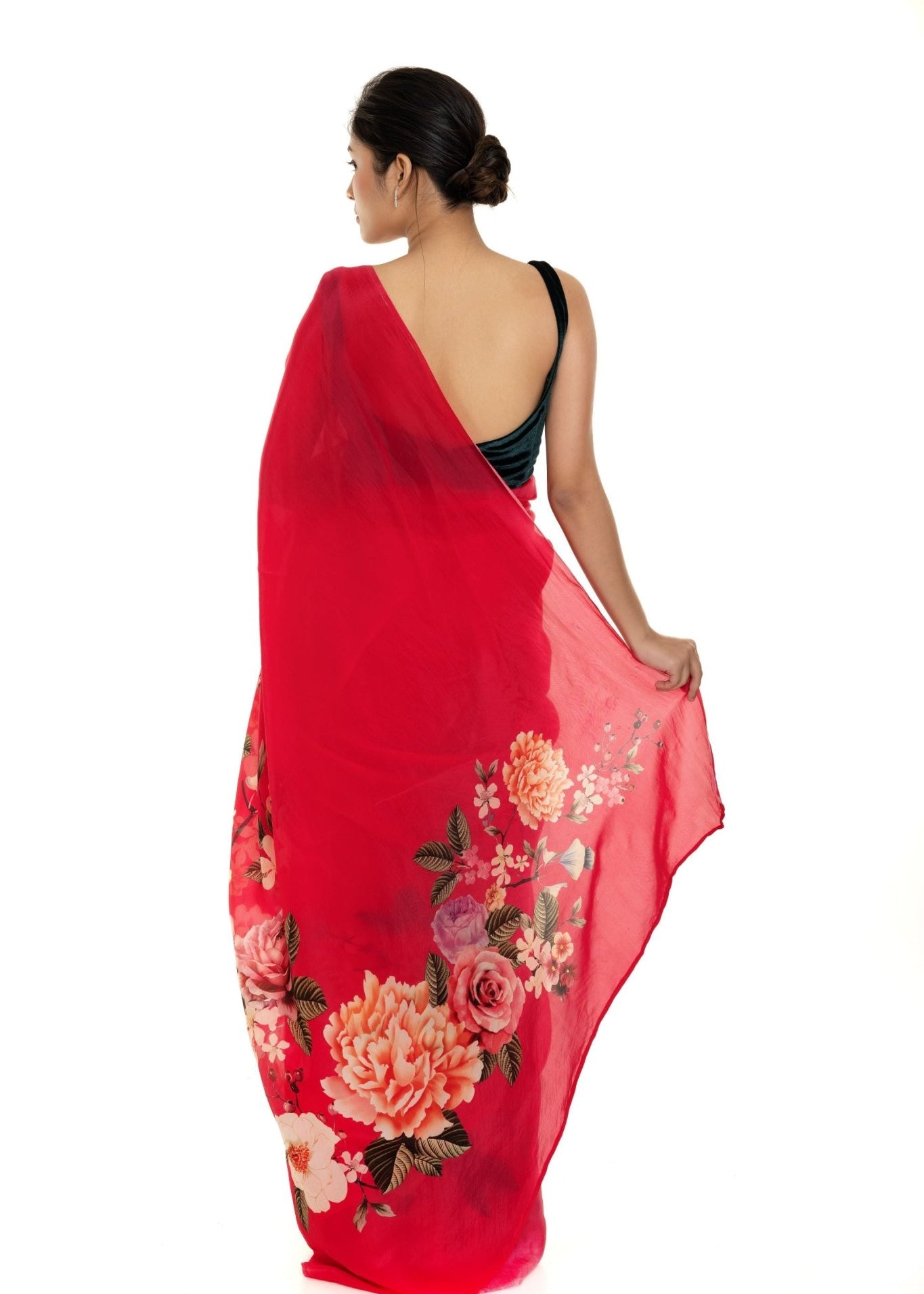 Red Floral Painted Pure Organza Silk with Unstitch Blouse Piece - Anvi Couture
