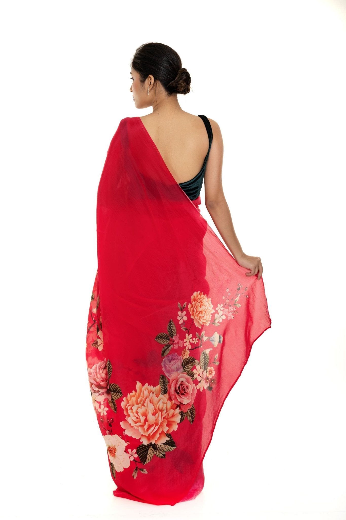 Red Floral Painted Pure Organza Silk with Unstitch Blouse Piece - Anvi Couture