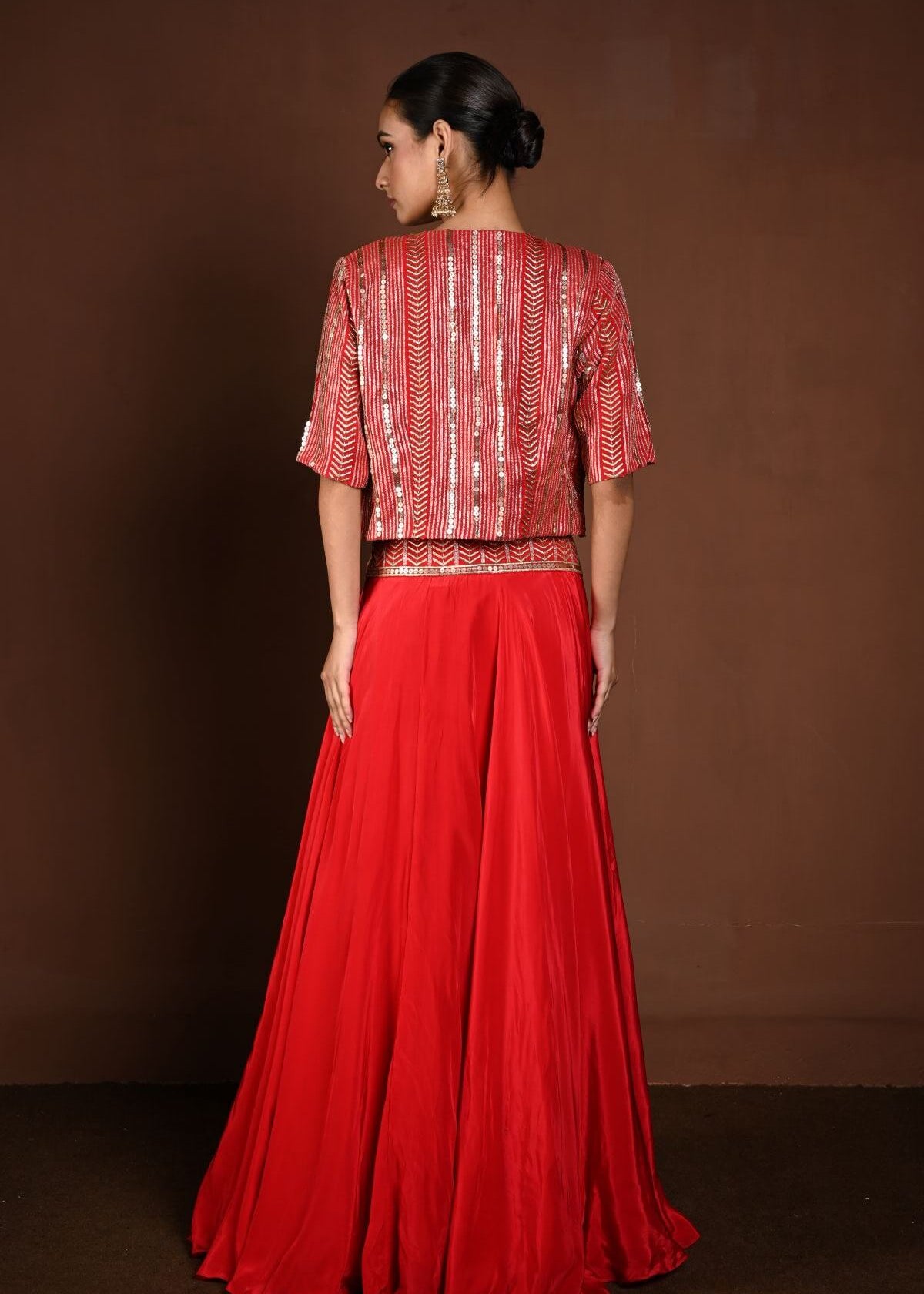 Red Jacket Lehenga with Golden Choli and Sequin Work - Anvi Couture