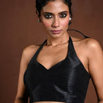 Black Halter Neck Blouse in Raw Silk with Back Closure - Anvi Couture