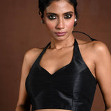 Black Halter Neck Blouse in Raw Silk with Back Closure - Anvi Couture