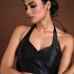 Black Halter Neck Blouse in Raw Silk with Back Closure - Anvi Couture