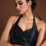 Black Halter Neck Blouse in Raw Silk with Back Closure - Anvi Couture