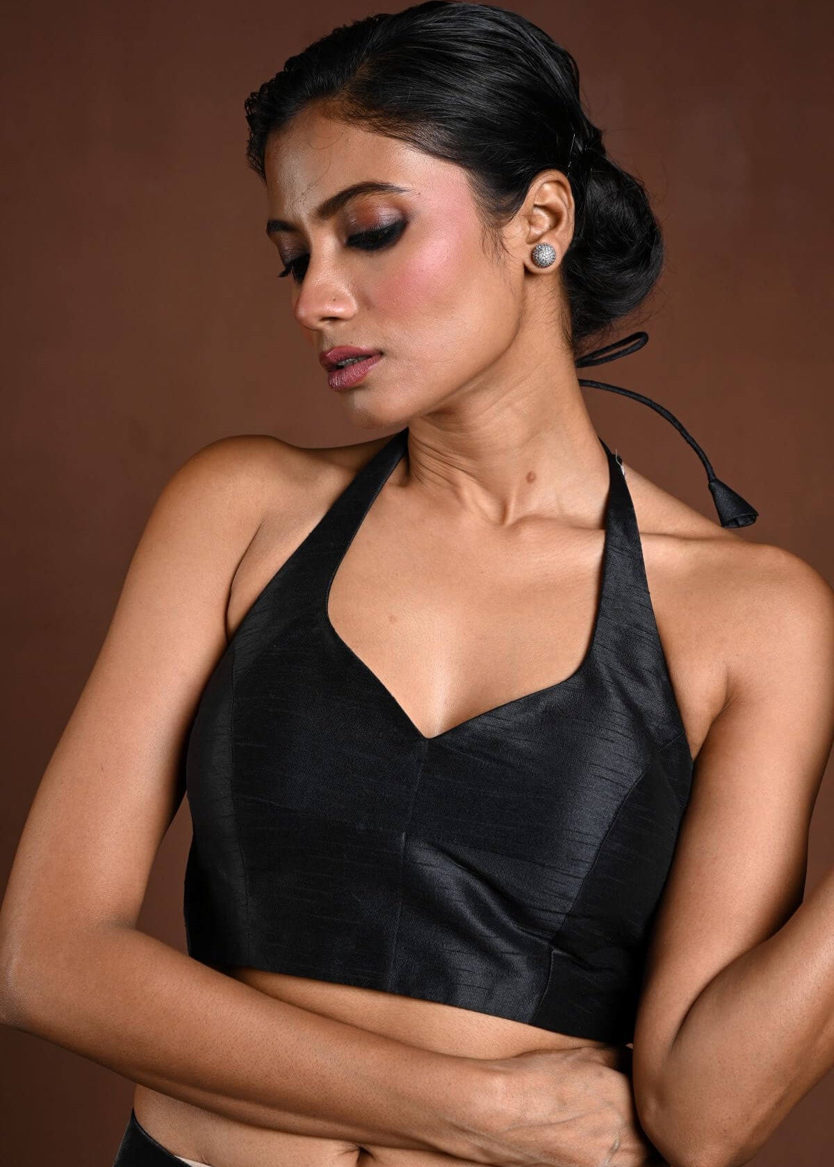 Black Halter Neck Blouse in Raw Silk with Back Closure - Anvi Couture