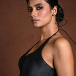 Black Halter Neck Blouse in Raw Silk with Back Closure - Anvi Couture