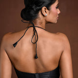 Black Halter Neck Blouse in Raw Silk with Back Closure - Anvi Couture