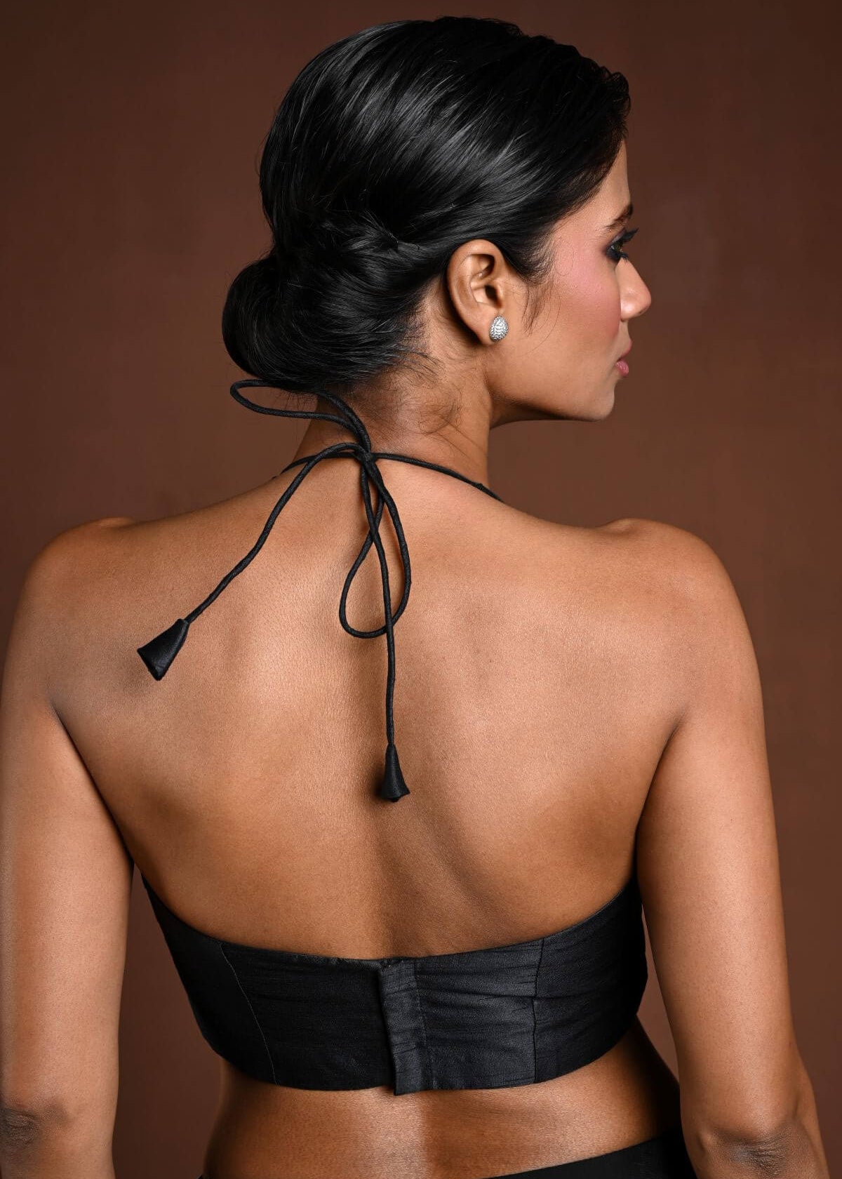 Black Halter Neck Blouse in Raw Silk with Back Closure - Anvi Couture