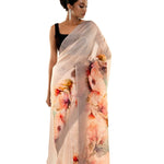 Peach - Grey Ombre Floral Painted Pure Organza Silk Saree with Unstitch Blouse Piece - Anvi Couture