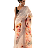 Peach - Grey Ombre Floral Painted Pure Organza Silk Saree with Unstitch Blouse Piece - Anvi Couture