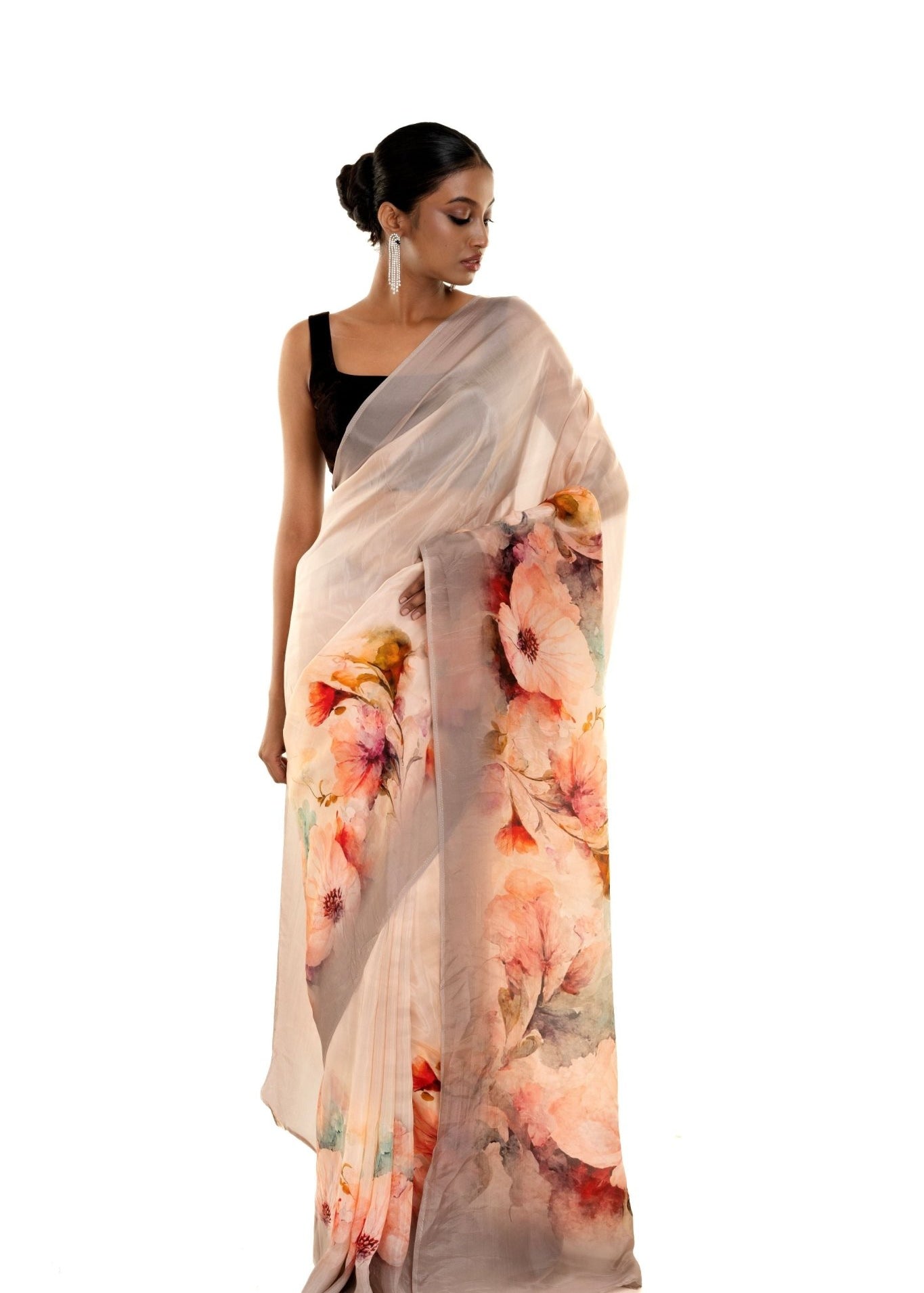 Peach - Grey Ombre Floral Painted Pure Organza Silk Saree with Unstitch Blouse Piece - Anvi Couture