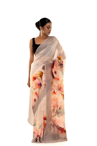 Peach - Grey Ombre Floral Painted Pure Organza Silk Saree with Unstitch Blouse Piece