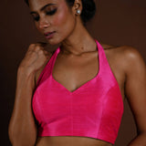 Pink Halter Neck Blouse in Raw Silk with Back Closure - Anvi Couture