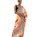 Peach - Grey Ombre Floral Painted Pure Organza Silk Saree with Unstitch Blouse Piece - Anvi Couture