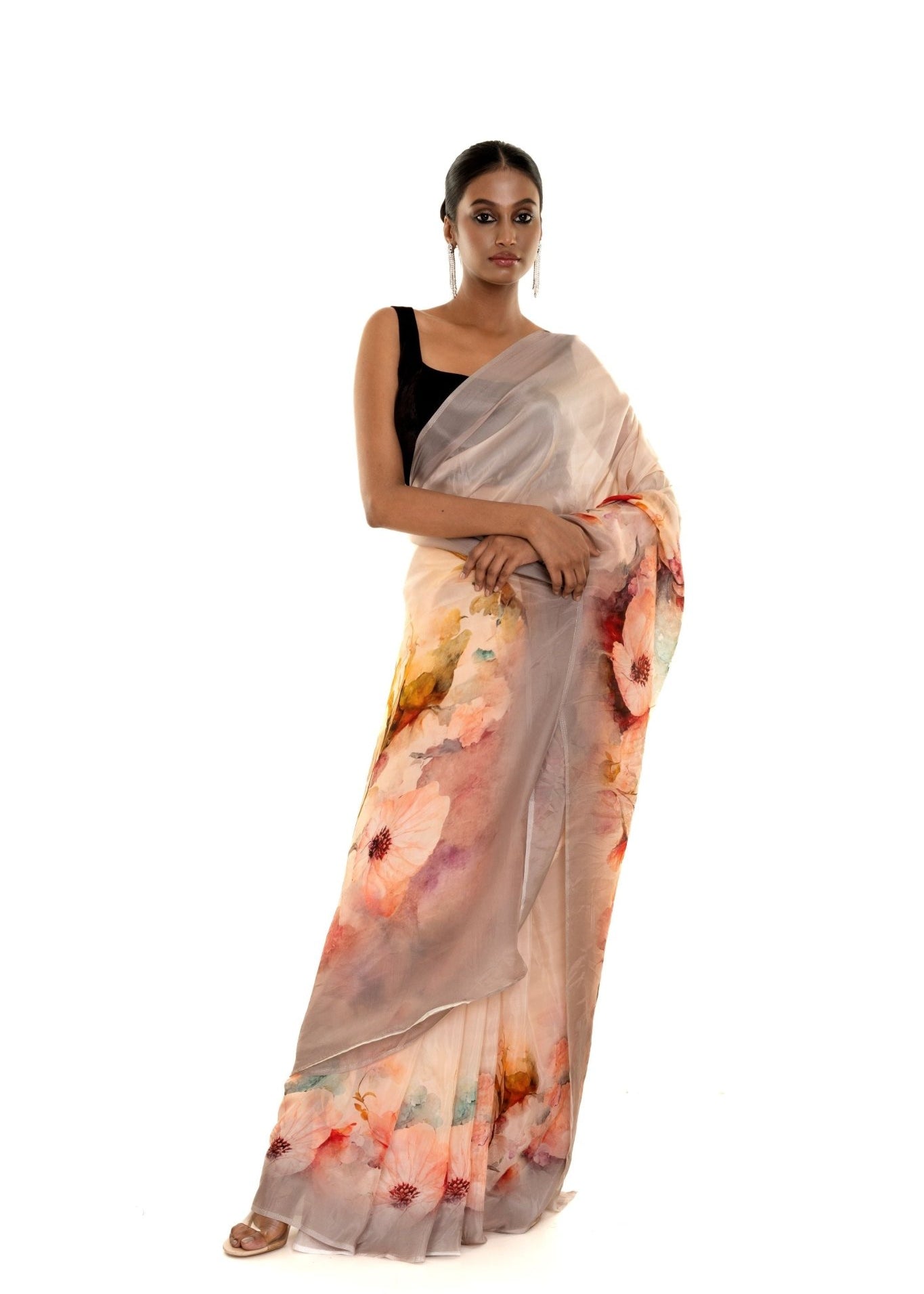 Peach - Grey Ombre Floral Painted Pure Organza Silk Saree with Unstitch Blouse Piece - Anvi Couture