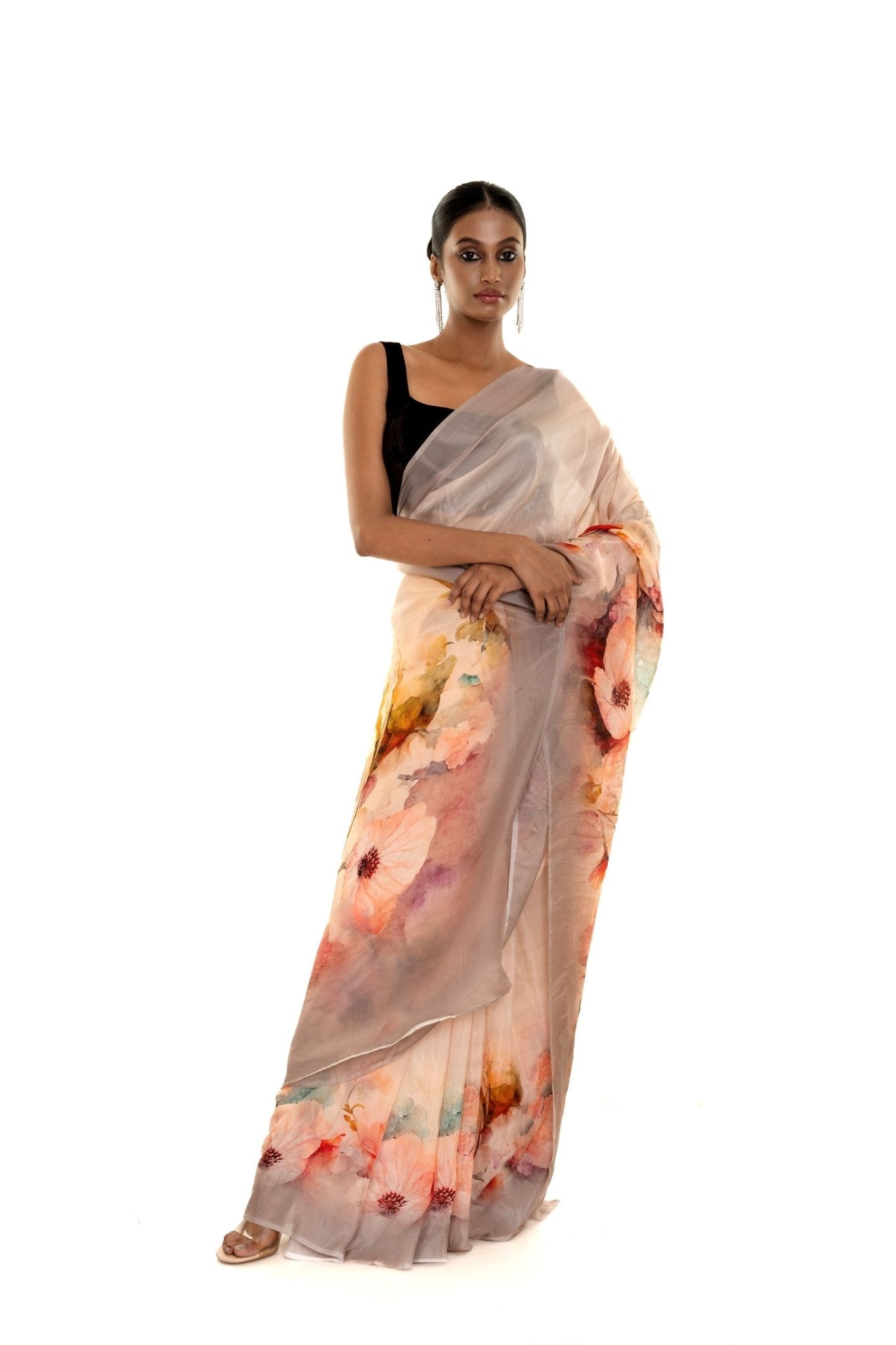 Peach - Grey Ombre Floral Painted Pure Organza Silk Saree with Unstitch Blouse Piece - Anvi Couture