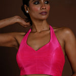 Pink Halter Neck Blouse in Raw Silk with Back Closure - Anvi Couture